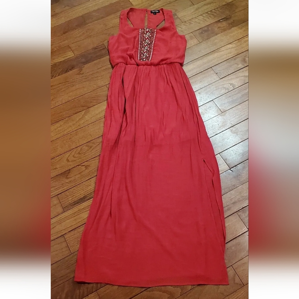 Maxi Dress Womens Racer Back Embellished Sequins Lined Red Keyhole M